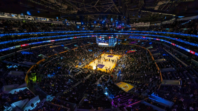 Angled upper deck view of the basketball court at Crypto.com Arena, home of the Los Angeles Lakers