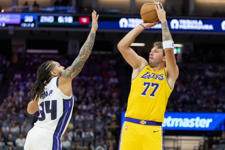 Luka Dončić shoots during the Lakers’ preseason victory over the Sacramento Kings